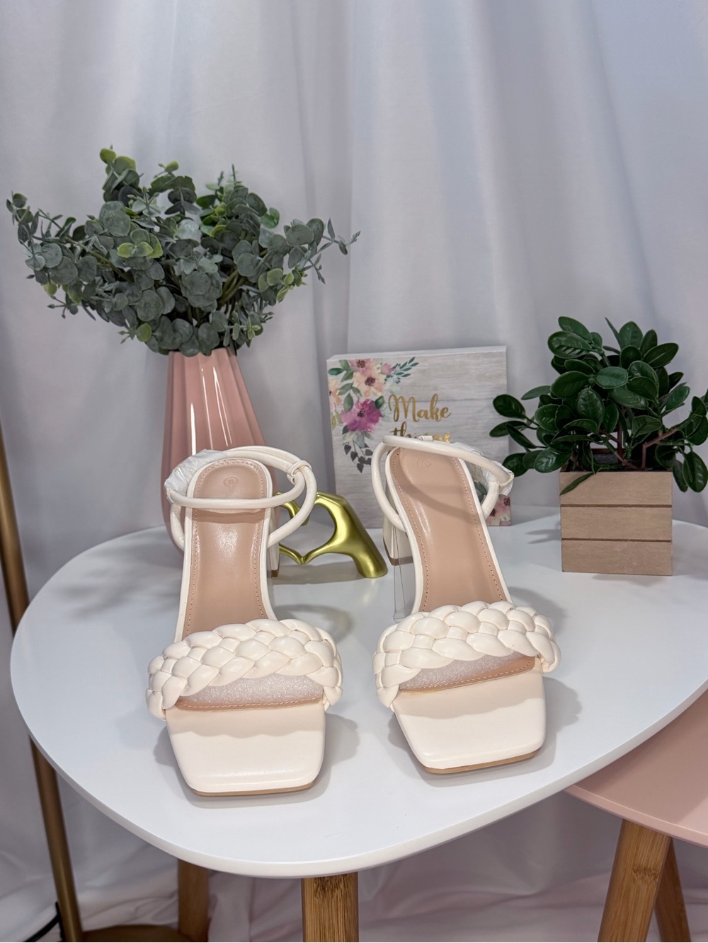 Braided Square-Toe Heeled Sandals in Cream